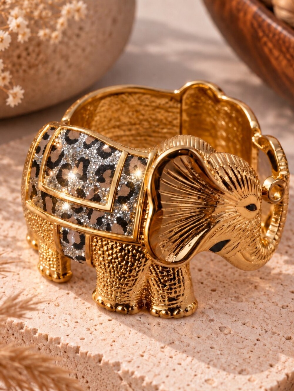 Golden Leopard Safari Statement Elephant Hinged Cuff Bracelet NWOT